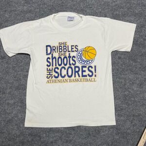 VTG All Sport Shirt Womens Medium White She Dribbles She Shoots She Scores! USA